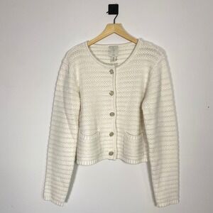 Joie Cream Cable‎ Knit Cardigan Sweater Button Front Pockets Size Large